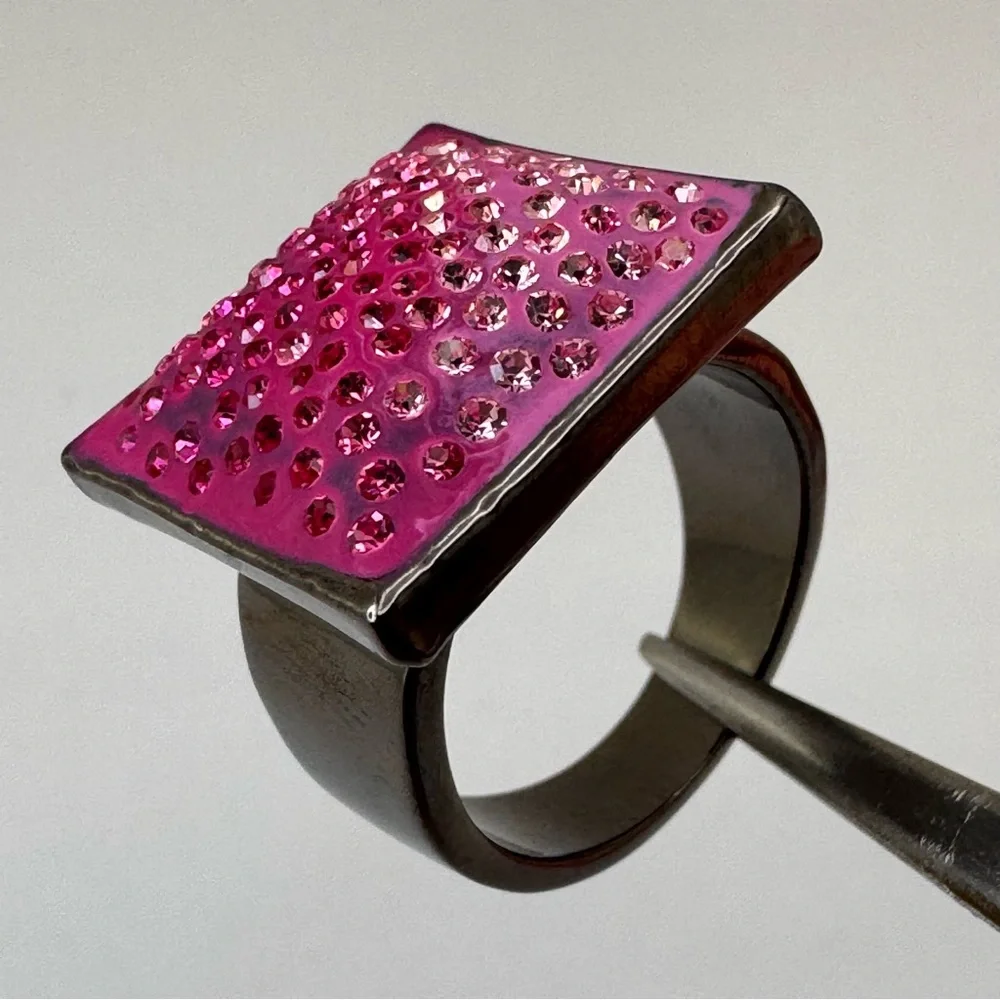 Pink Crystal Ombre Statement Ring Dark Gunmetal Tone Bold Square Ring